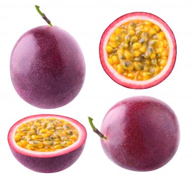 Isolated passionfruit. Collection of whole and cut passion fruits (maracuya) isolated on white background with clipping path